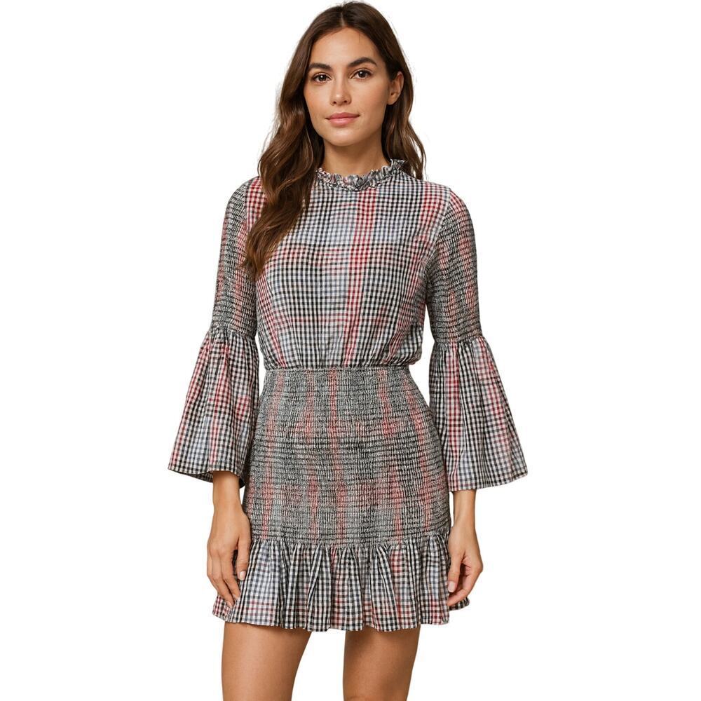 English factory Nordstrom L Smocked drop down waist bell sleeve dress plaid red